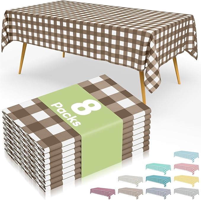 Smiry 8 Packs Gingham Disposable Table Cloth, 54 x 108 Inch Waterproof Plastic Tablecloth, Rectangle Brown and White Checkered Table Covers for Picnic, Birthday, Party