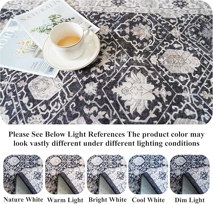 Washable 8x10 Living Room Rug: Vintage Low Pile Water Resistant Area Rug with Non-Slip Backing for Bedroom Dining Room Distressed Carpet for Nursery Indoor Soft Floor Mat for Home Office (8x10 Black)