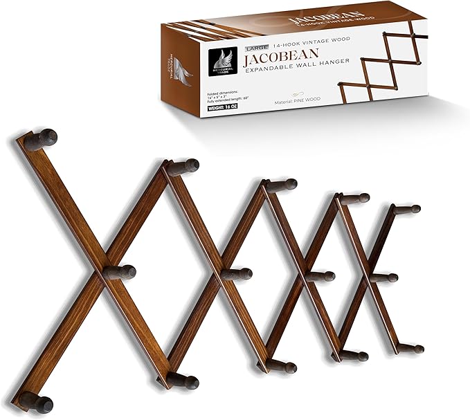 Mercurial Trade Expandable Wooden Coat Rack Hanger - Large Accordion Hanger with Expanding Pegs | Hand Made Rustic Wooden Hat Rack for Wall | Hang Coat, Jacket, Hat | Wall Rack – 14 Hook, Jacobean