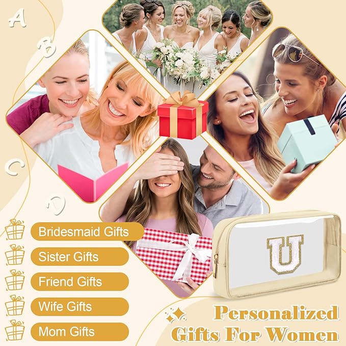 Personalized Initial Letter Clear Makeup Bag,Preppy Small Nylon&PVC Cosmetic Zipper Bag with Chenille Letter,Portable Beach Travel Skincare Toiletry Bag,Trendy Monogram Gift for Teen Girls Women,U