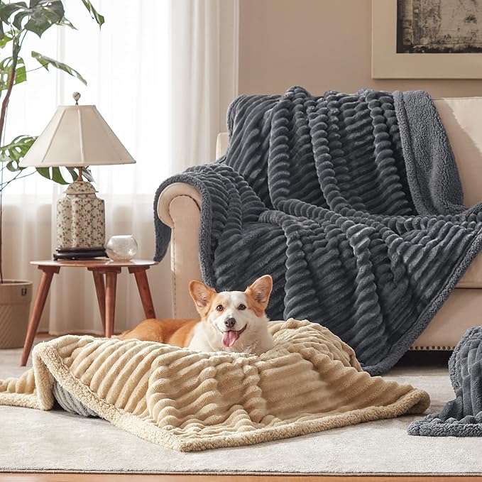 Waterproof Dog Blanket for Large Dogs, Washable Soft Puppy Cat Blanket Flannel Cotton Velour for Sofa Couch Protector, Comfort & Security Reversible Bed Protection for Pet, 50"X60", Gray