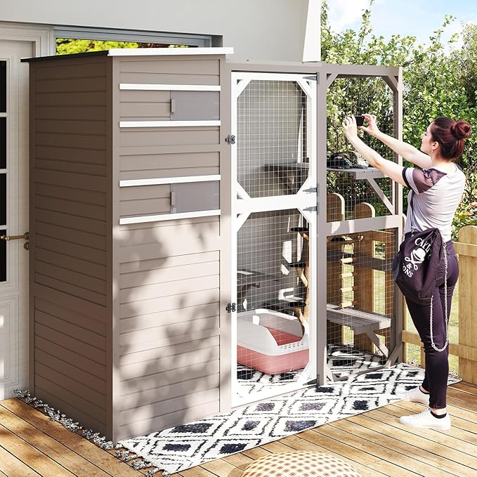 71" H Large Catio Outdoor Cat Enclosure, Walk-in Catio Cat Patio Weatherproof Attached Window for Multiple Cats, Semi-Enclosed Kitty Condo Enclosure Outside with Asphalt and UV Protection Roofs