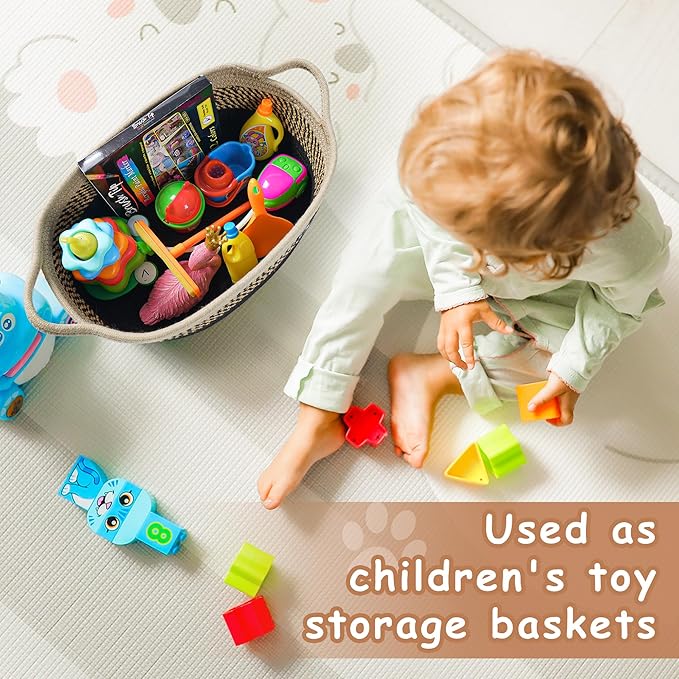 Small Woven Baskets for Organizing Rope Storage Basket with Handle Cute Cotton Nursery Gift Dog Toy Bins Organizer-Light Beige