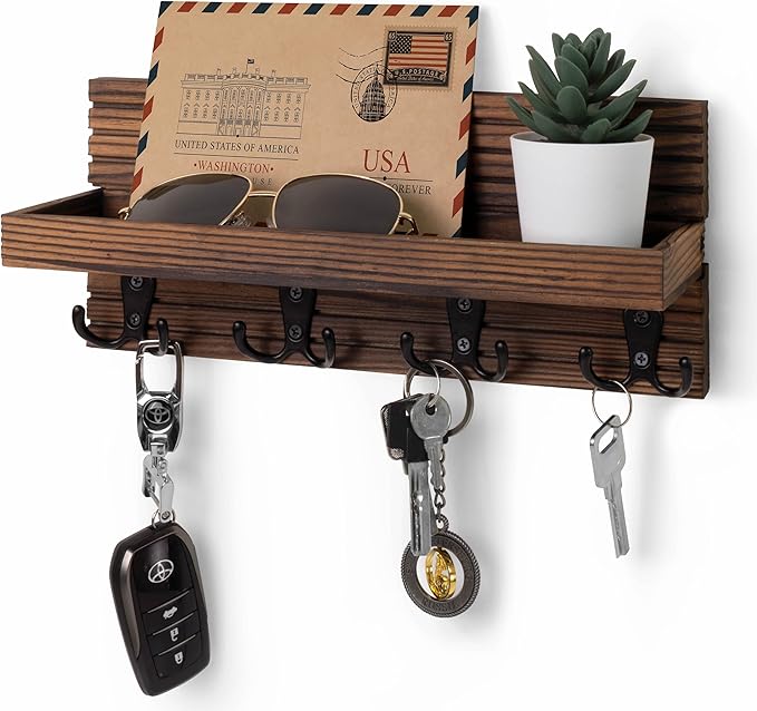 Natural Wooden Key Holder - Wall Mounted Mail Organizer and Key Hanger - Rustic Farmhouse Entryway Shelf with 4 Double Hooks - Decorative Rack for Car Keys, Wallet (Dark Brown)
