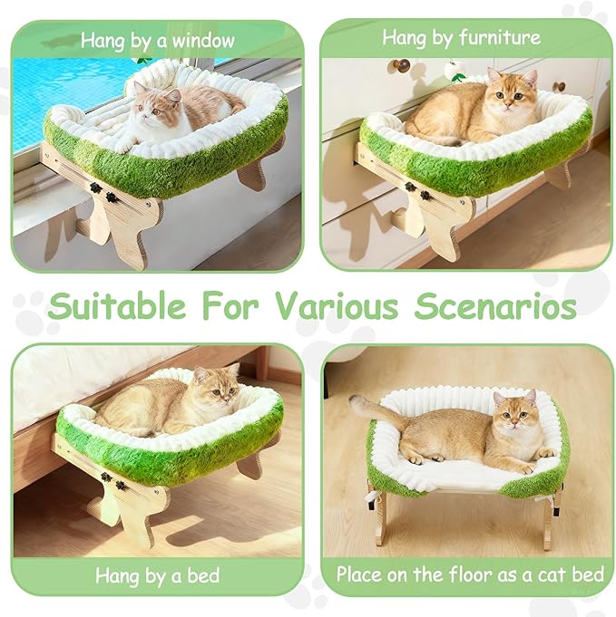 Woochpet cat Window Perch for Indoor Cats Large Window Hammock with Washable Cover Suitable for All Seasons cat Window Bed for Adults Cats and Kittens(White and Green)