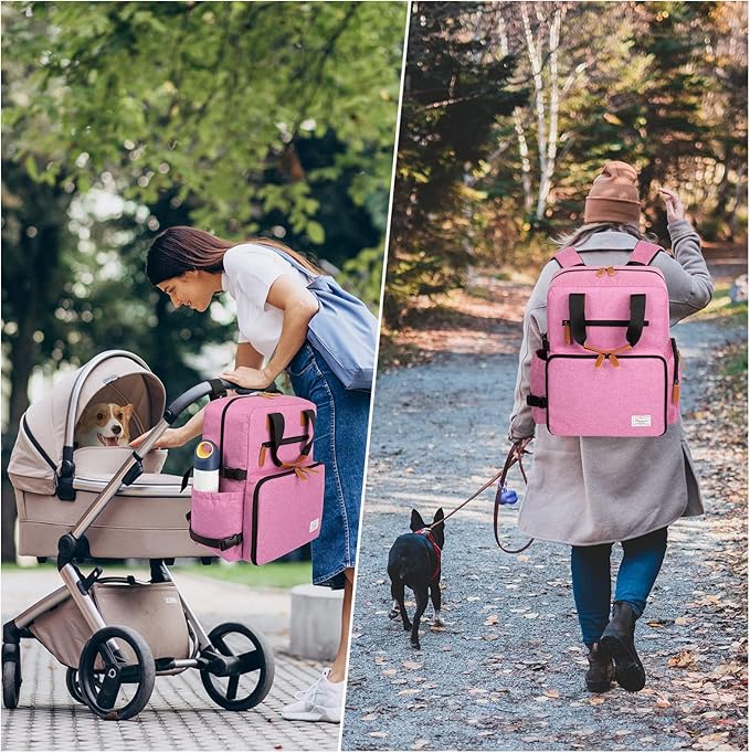 Modoker Dog Travel Bag, Airline Approved Backpack for Pet Accessories Organizer with 2 Food Storage, 2 Collapsible Bowls, Pink