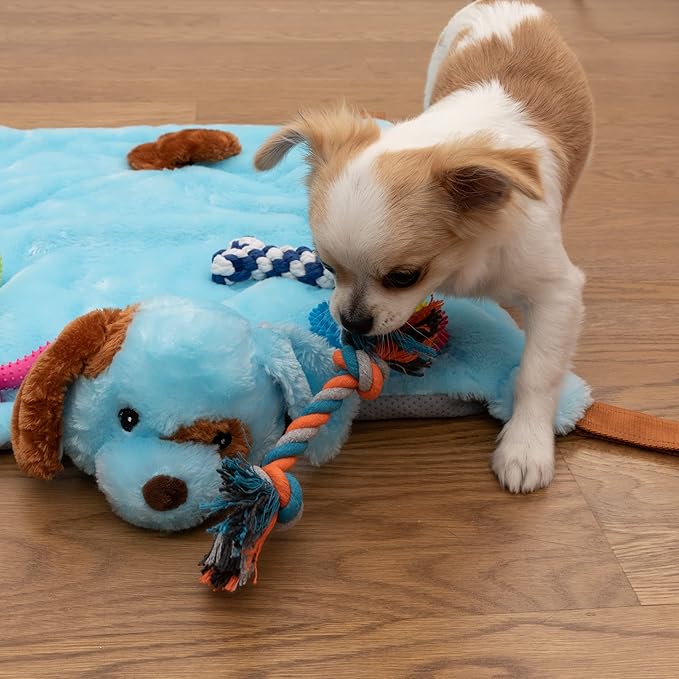 Puppy Play Mat with Toys for Small Breeds - Blue, 23”x20” - Multi-Functional Interactive Toy and Sleeping Pad with Detachable Dog Toys for Small Dogs to Keep Busy, Puppy Gifts for New Owner