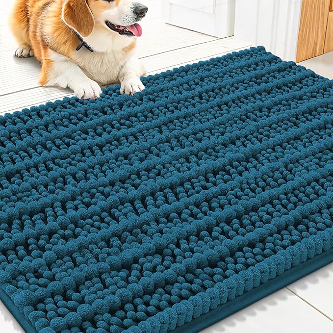 Smiry Dog Door Mat for Muddy Paws 30x20, Extra Soft Absorbent Chenille Doormat, Trap Moisture and Dirt, Non-Slip Machine Washable Front Door Mat for Indoor Entrance Inside Floor, Atlantic Blue
