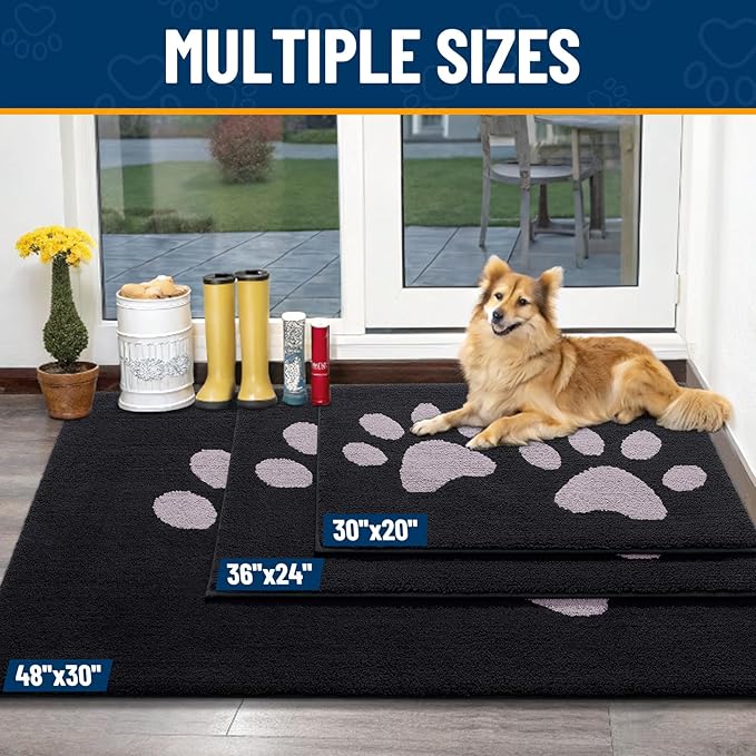 Smiry Dog Door Mat for Muddy Paws, Absorbs Moisture and Dirt, Low-Profile Entryway Mat with Non-Slip Backing, Entry Indoor Outdoor Doormat for Inside Floor (36x24 Inches, Black and Grey, Paw)