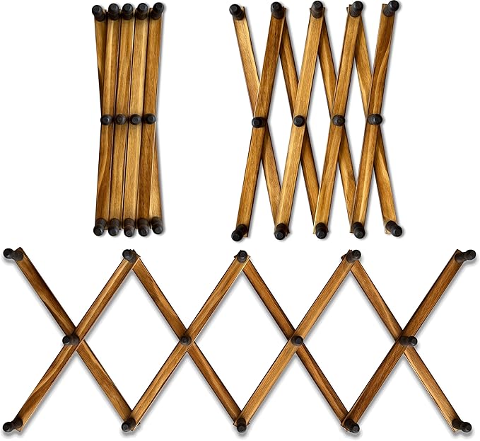 Expandable Wooden Coat Rack Hanger - Large Accordion Hanger with Expanding Pegs | Hand Made Rustic Wooden Hat Rack for Wall | Hang Coat, Jacket, Hat | Wall Rack – 14 Hook, Torched Wood