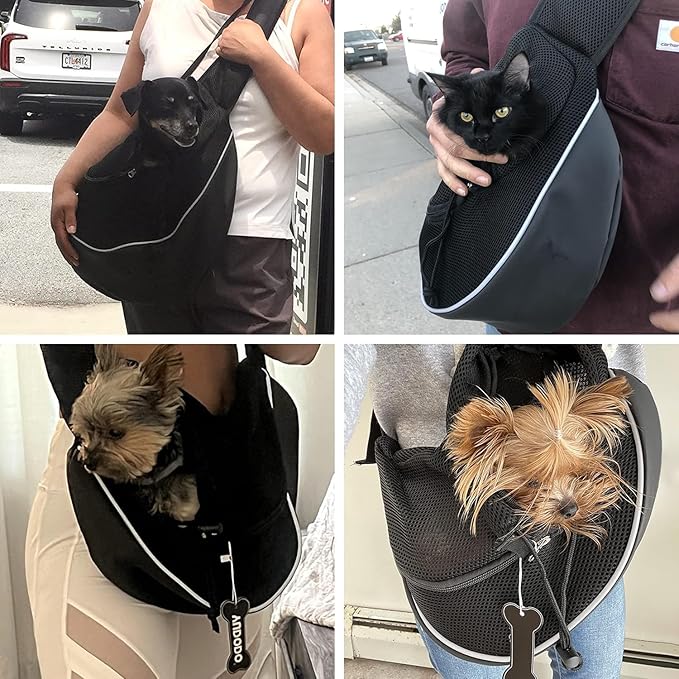 YUDODO Pet Sling Carrier for 5-9 lbs Small Dogs & Cats – Hands-Free Puppy Carrier with Safety Hook, Large Zipper Pocket, Soft Breathable Mesh, Adjustable Strap & Reflective Strip (Black 2.0 M)