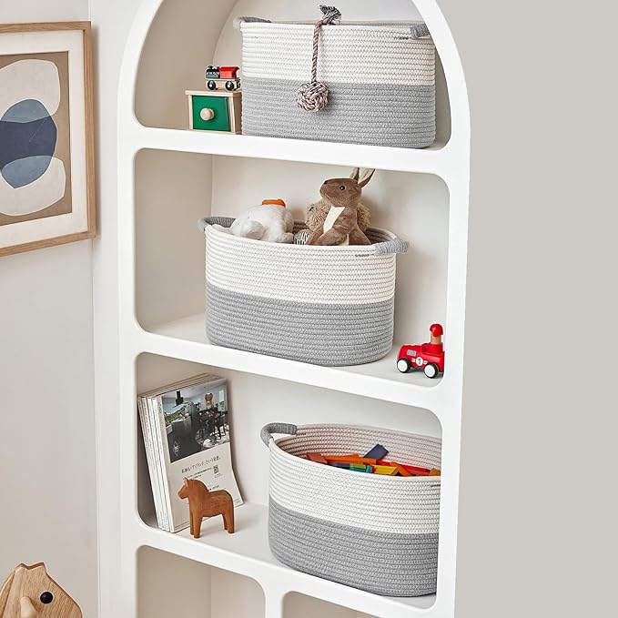 Storage Baskets for Organizing | 15"x10.2"x9.1" - 1 Pack Nursery Bin with Handles - Woven Cotton Rope Baskets for Dog Toys, Books, Shelf, Bathroom,Closet -Stylish Storage |White & Grey
