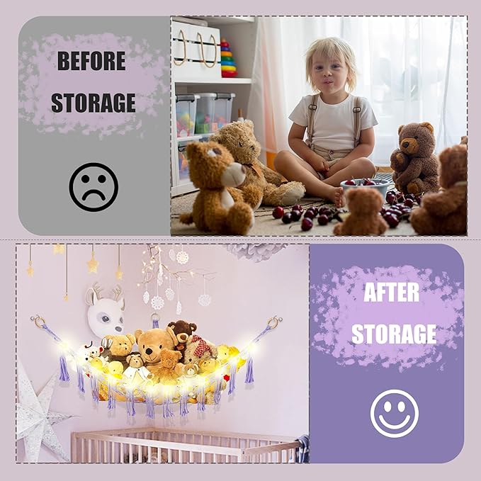 CERETIA Stuffed Animal Hammock with LED Light, Large Stuffed Animals Storage Corner Plushie Net for Kids Room Decor, Purple