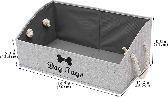 Geyecete Large Dog Toys Storage Bins-Foldable Fabric Trapezoid Organizer Boxes with Weave Rope Handle,Collapsible Basket for Shelves,Dog Apparel(Striped Gray-Dog)