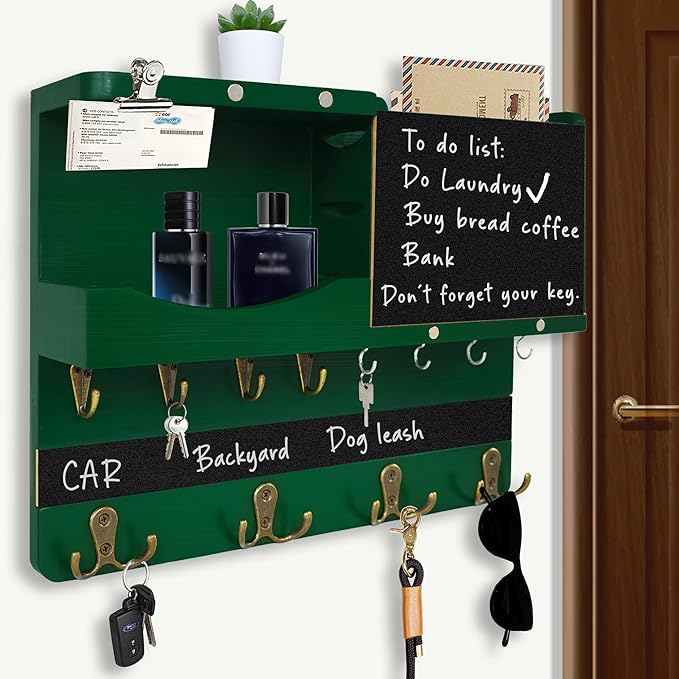 Key Holder for Wall Mount with Shelf and Mail Organizer, Key and Mail Holder with 16 Hooks, Farmhouse Entryway Organizer, Home Decor Rack (Pine Wood,Green)