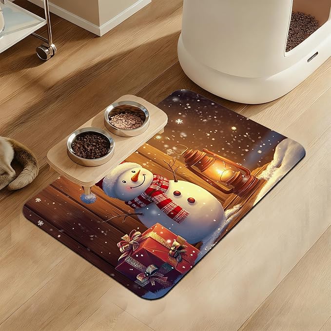 Chirstmas Gifts Dog Cat Food Mat,Cute Snowman Absorbent Waterproof Placemat for Food and Water Bowls, Non Slip Rubber Backing, Feeding Mat for Clean Floors 12"x20"
