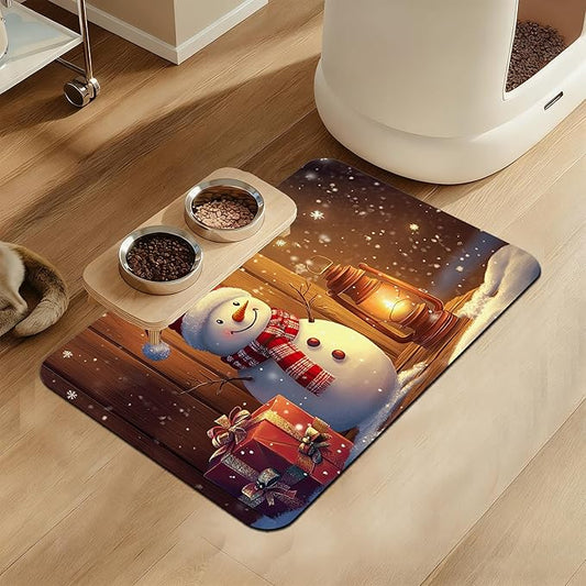 Chirstmas Gifts Dog Cat Food Mat,Cute Snowman Absorbent Waterproof Placemat for Food and Water Bowls, Non Slip Rubber Backing, Feeding Mat for Clean Floors 12"x20"