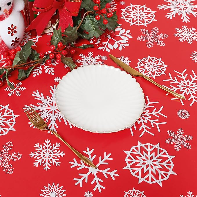 misaya Rectangle Vinyl Tablecloth, Fitted Waterproof Table Cover, Elastic Edge Flannel Backing, Plastic Table Cloth Fit 8 Foot Folding Tables for Christmas Dinner (Red Snowflake, 30x96 inch)