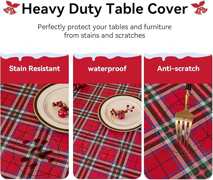 Romanstile Christmas Plaid Rectangle Vinyl Tablecloth, 100% Waterproof Checkered PVC Table Cloth, Heavy Duty Xmas Gingham Plastic Table Cover for Dining, Party, Holiday Decor - 54 x 108 Inch, Red