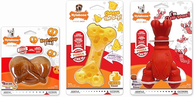 Nylabone Power Chew Toy Bundle, Cute Dog Toys for Aggressive Chewers, Filet Mignon, Cheese, and Bacon Flavors, Small Dogs - Up to 25 lbs, 3 Pack
