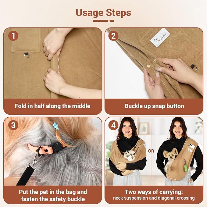 Hands-Free Cat Sling Carrier, Ultra-Soft Polar Fleece Pet Sling for Small Dogs & Cats 3-14 lbs, Machine Washable for Indoor Snuggling & Outdoor Use (Large, Khaki)