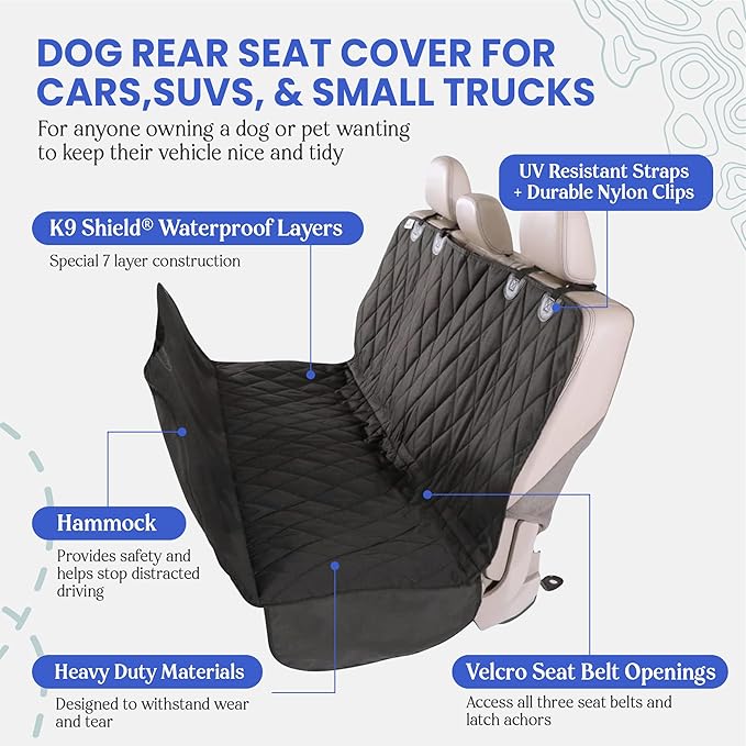 4Knines Dog Backseat Cover with Hammock for Cars, SUVs, and Trucks – Waterproof Layers, Nonslip Seat Protector, Durable Nylon Clips, K9 Shield with Heavy Duty Thread, (Regular, Black)
