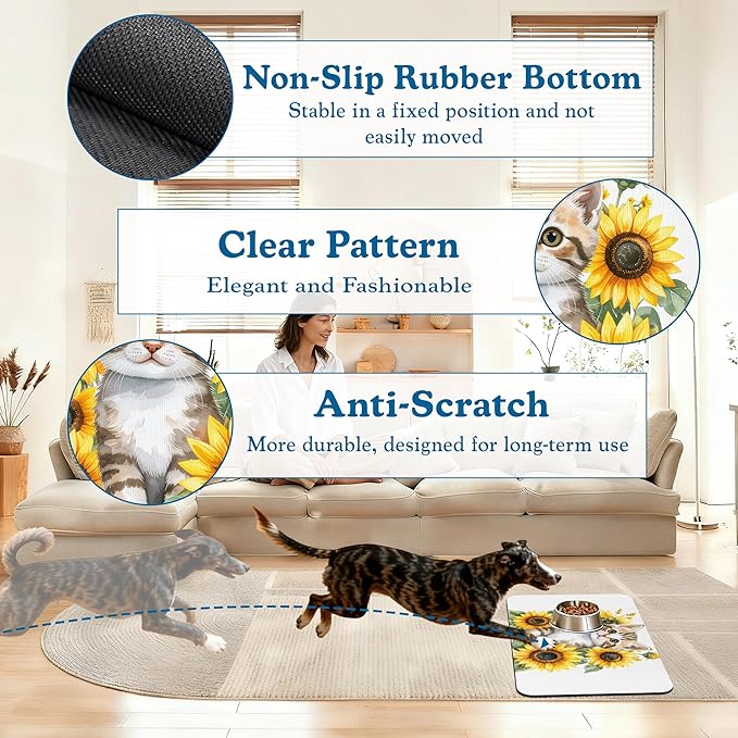 Cute Cat Sunflower Pet Feeding Mat for Floors–Christmas Stocking Absorbent Quick Dry Dog Cat Bowl Mat for Food and Water, Non Slip Waterproof Base, Mess-Free Feeding Accessories 12"x20"