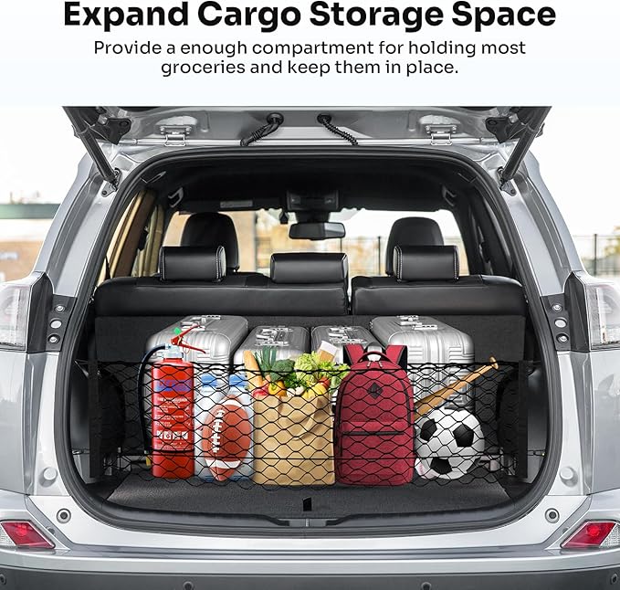 Trunk Cargo Net for 2013-2018 Toyota RAV4 Accessories Envelope Style Mesh Trunk Net Organizer and Storage Stretchable Adjustable Elastic Nylon Rear Cargo Netting with Hooks