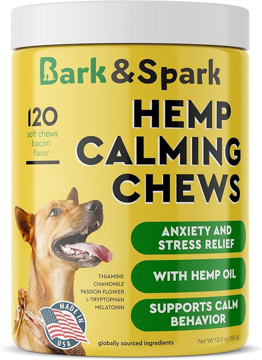 BARK&SPARK Calming Hemp Treats for Dogs - Made in USA with Hemp Oil - Anxiety Relief - Separation Aid - Stress Relief During Fireworks, Storms, Thunder - Aggressive Behavior, Barking - 120 Soft Chews