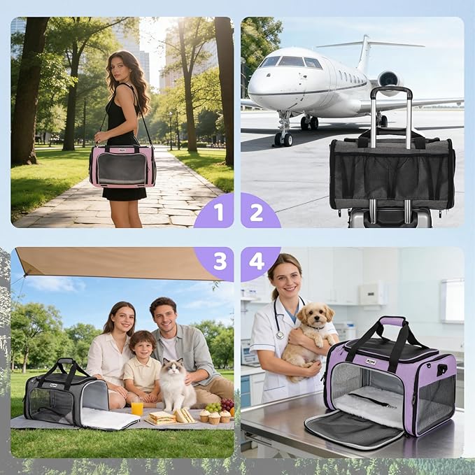 Pet Carrier for Cats & Small Dogs, Travel Carrier with Anti-Collapse Support, Chew Resistant Buckles, Luggage Sleeve, Multi-Pocket Storage, Reversible Mat & Bowl (Purple, Medium (17.5"x11"x11.5"))