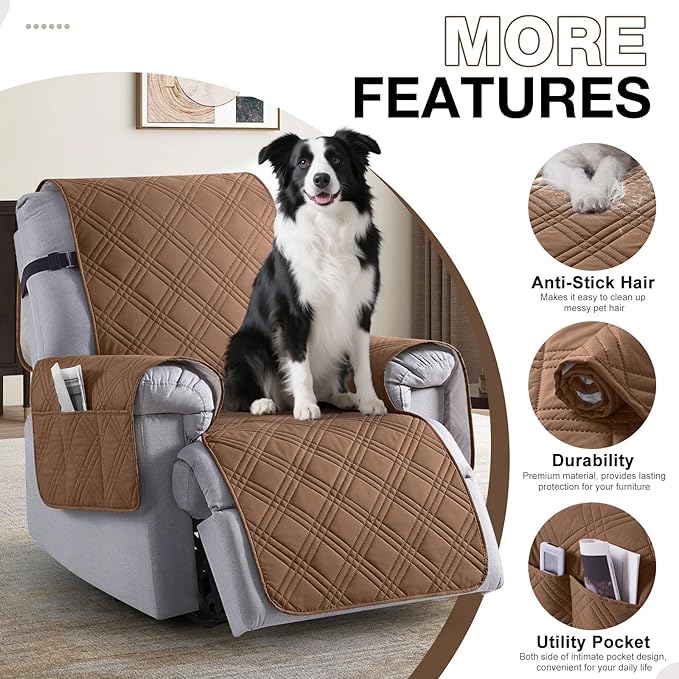 TAOCOCO 100% Waterproof Recliner Chair Covers, Non Slip Recliner Covers for Recliner Chair with Pocket, Washable Reclining Chair Cover Furniture Protector for Kids,Dogs(25'', Brown)