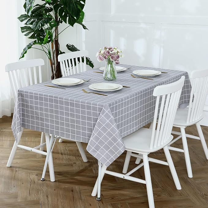 Romanstile Rectangle Vinyl Tablecloth, 100% Waterproof Oil-Proof Checkered Plastic Table Cloth, Heavy Duty Wipeable Table Covers for Dining, Camping, Picnic, Outdoor - 60 x 84 Inch, Grey