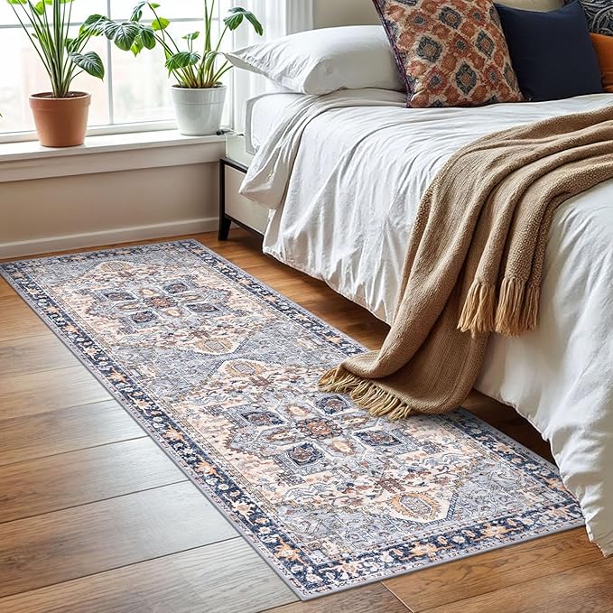 KOZYFLY Runners for Hallways 2x6 Ft Washable Kitchen Runner Rug Boho Runner Rug for Entryway Indoor Printed Oriental Faux Wool Floor Carpet Runner for Bedroom Kitchen Hall, Blue Gray/Cream