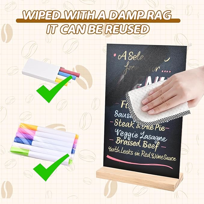 2 Pack 8.1x12 in Chalkboard Signs with Stand for Tables Small Chalk Board Signs Tabletop Message Board Sign with Wood Base for Home Decorations Coffee Shop Restaurant Kitchen Wedding Party