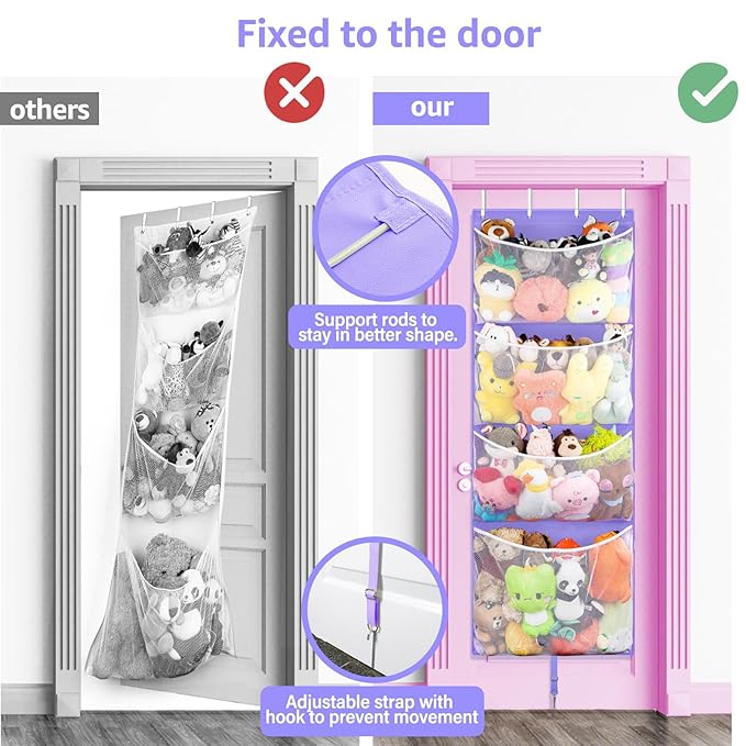 Hanging Stuffed Animal Storage, Over Door Large Plush Toy Organizer with Metal Hook, Baby Accessory Holder Idea for Nursery, Doll & Bear Mesh Hammock Bag for Girl Boy Kid Room