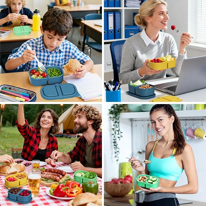 4 Pack Silicone Reusable Snack Containers with Lids, 8.5oz 2 Compartment Snackle Box Container, Leakproof Bento Box Snack Pack Containers Food Storage for Lunch, Picnic, Travel, Office