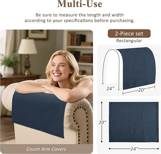 SPWIY Couch Arm Covers Washable Recliner Armrest Cover for Pets Linen Chair Arm Covers Stain Resistant & Anti-Scratch Furniture Protector for Sofa, 2 Pieces, Denim Blue, 20" W x 24" L