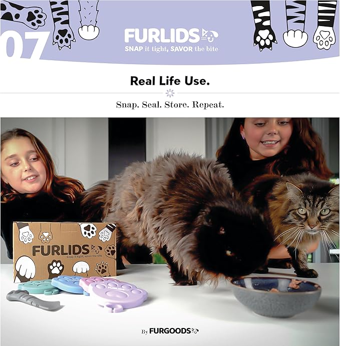 FURLIDS Furgoods 4-Pack Dog Food Can Lids & Cat Food Can Lid Set with Spatula – Silicone Pet Food Cans Covers, Airtight & Reusable – Universal Fit, Dishwasher Safe