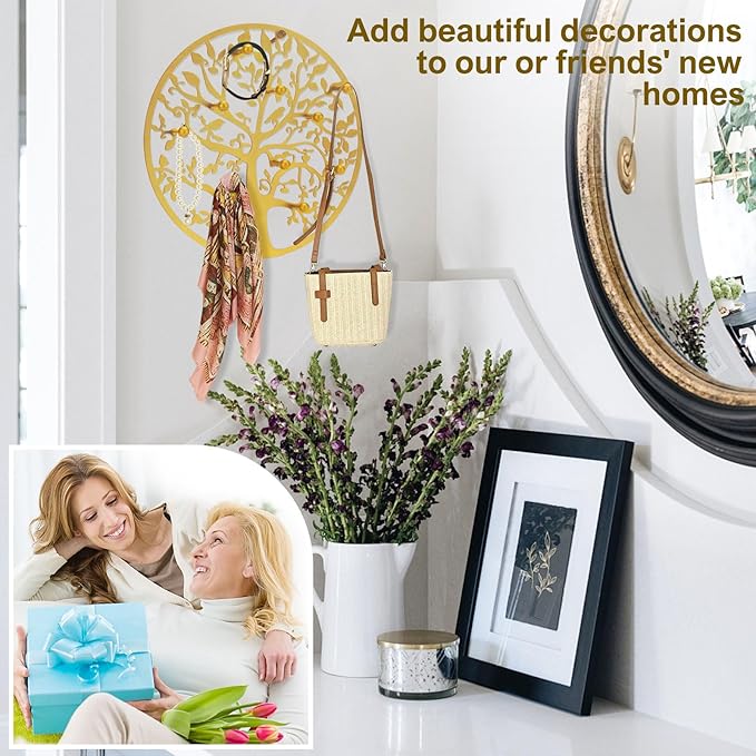 Round Decorative Home Key Holder Wall Mount, Metal Tree Car Key Rack for Wall Organizer for Keys, Wallets, Hats, Used for Decor for House Entryway, Kitchen, Garage, Office (12" Gold)