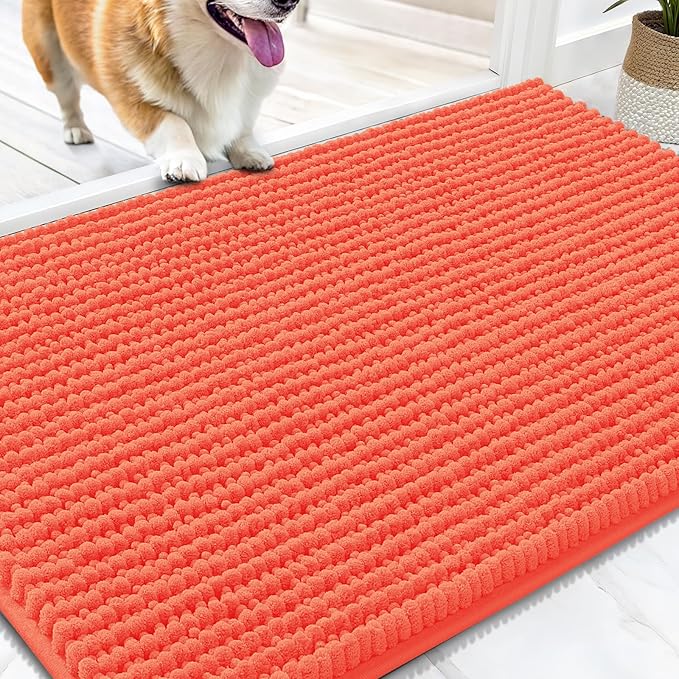 OLANLY Dog Door Mat for Muddy Paws 36x24, Ultra Absorbent Chenille Mud Doormat, Non-Slip Washable and Dirt Trapping Doormat for Indoor Entryway, Quick-Dry Indoor Pet Bed Mats for Dogs, Coral