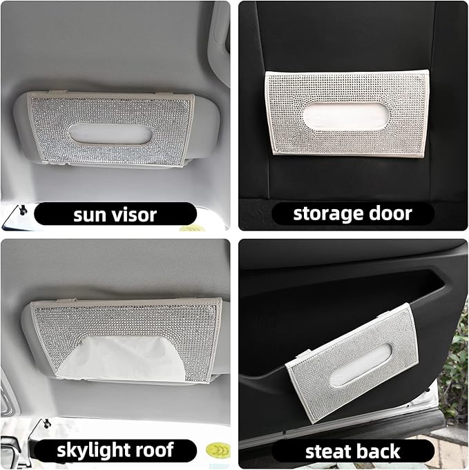 ChuLian Bling Bling Car Visor Tissue Holder Leather Crystals Paper Towel Cover Case & Glitter Sunglasses Clip for Women Beige