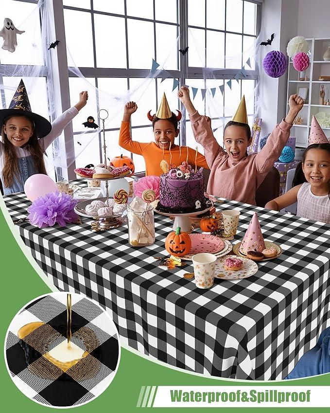 Smiry 12 Packs Gingham Disposable Table Cloth, 54 x 108 Inch Waterproof Plastic Tablecloth, Rectangle Black and White Checkered Table Covers for Picnic, Birthday, Party