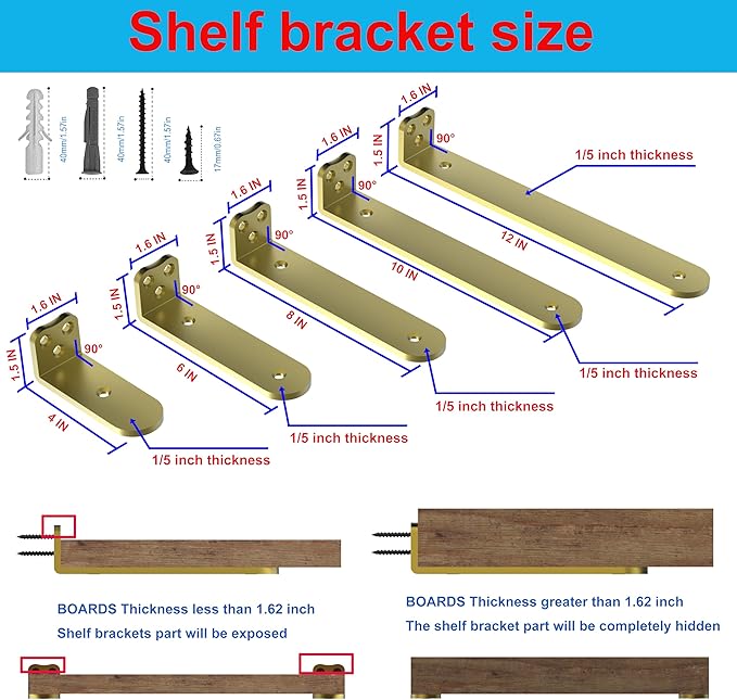 Floating Shelf Bracket, 10 Inch 6PACK Gold Heavy Duty Shelf Bracket,Hidden Shelf Brackets 1/5 in Thick,L Brackets Support for Shelves,Suitable for Kitchen, Study Or DIY,Holds Over 160lb+