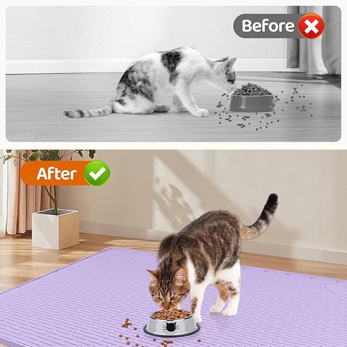 Bartuke Cat Food Mat, 34" x 22" Large Silicone Pet Feeding Mat for Food and Water Bowls Non-Slip, Easy to Clean (Purple)