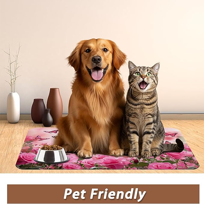 Rose Pink Dog Cat Food Mat,Butterfly Absorbent Pet Feeding Mat for Food and Water,Non-Slip Dog Bowl Mats Floor Protector 16"x24"