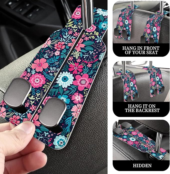 PU Leather Car Seat Hook, Storage Headrest Hanger, Cute Car Backseat Organizer, Car Hooks For Purses and Bags Pink Blue Flowers
