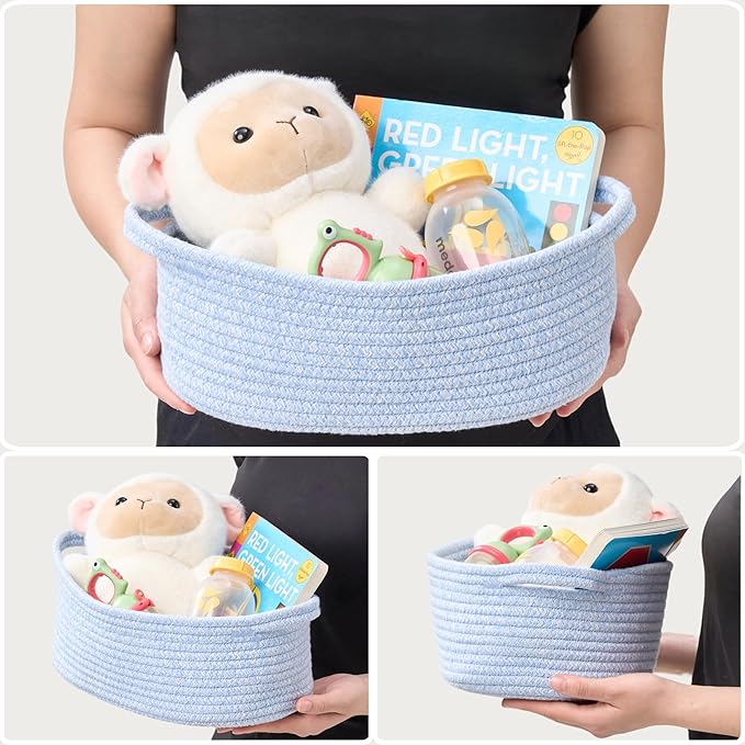 Small Woven Gift Basket Empty with Bag & Ribbon - Gifts for Mom, Baby Shower, Birthdays & Raffle - Cotton Rope Storage Basket for Dog Toys or Shelf - 12"x8"x5", Blue, 2 Packs
