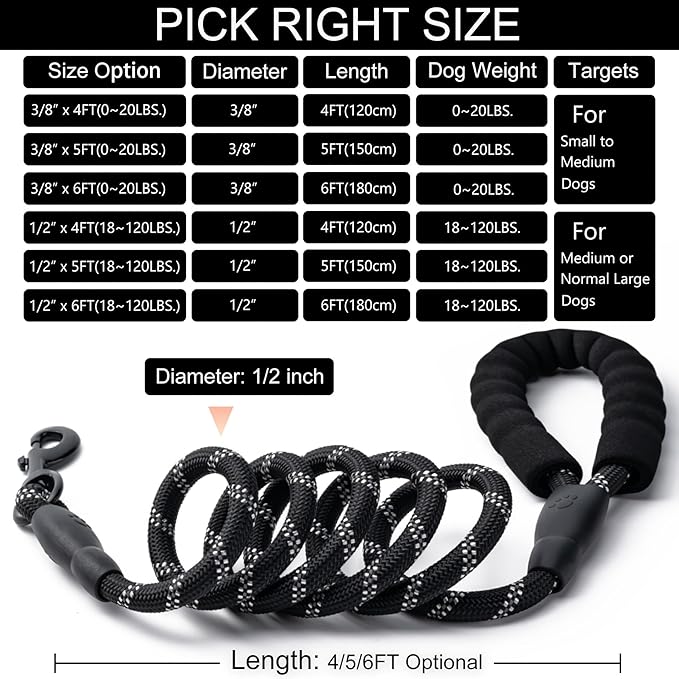 2 Pack Dog Leash, 4/5//6 FT Heavy Duty Nylon Rope Pet Leashes with Comfortable Padded Handle, Reflective Dog Leashes for Small Medium and Large Dogs (4FT-1/2,Black/Turquoise)