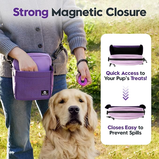 WILDOMS Dog Treat Pouch – Large Capacity with Magnetic Closure, Dog Walking Fanny Pack Built-in Poop Bag Dispenser, Clicker & Collapsible Bowl for Training & Walking - Purple