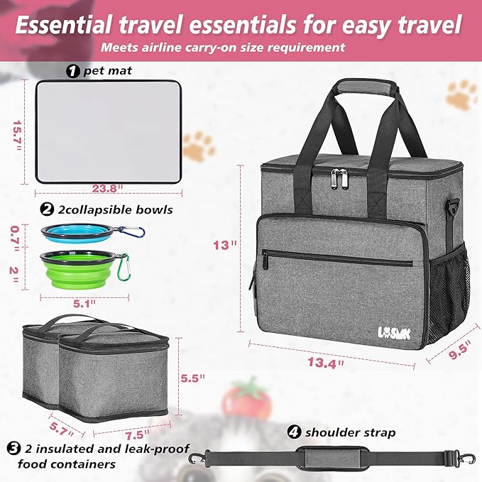 5 Set Dog Travel Bag for Supplies, Dog Lovers, Large Pet Travel Kit Includes 2 Food Containers&2 Collapsible Bowls、Placemats,Grey